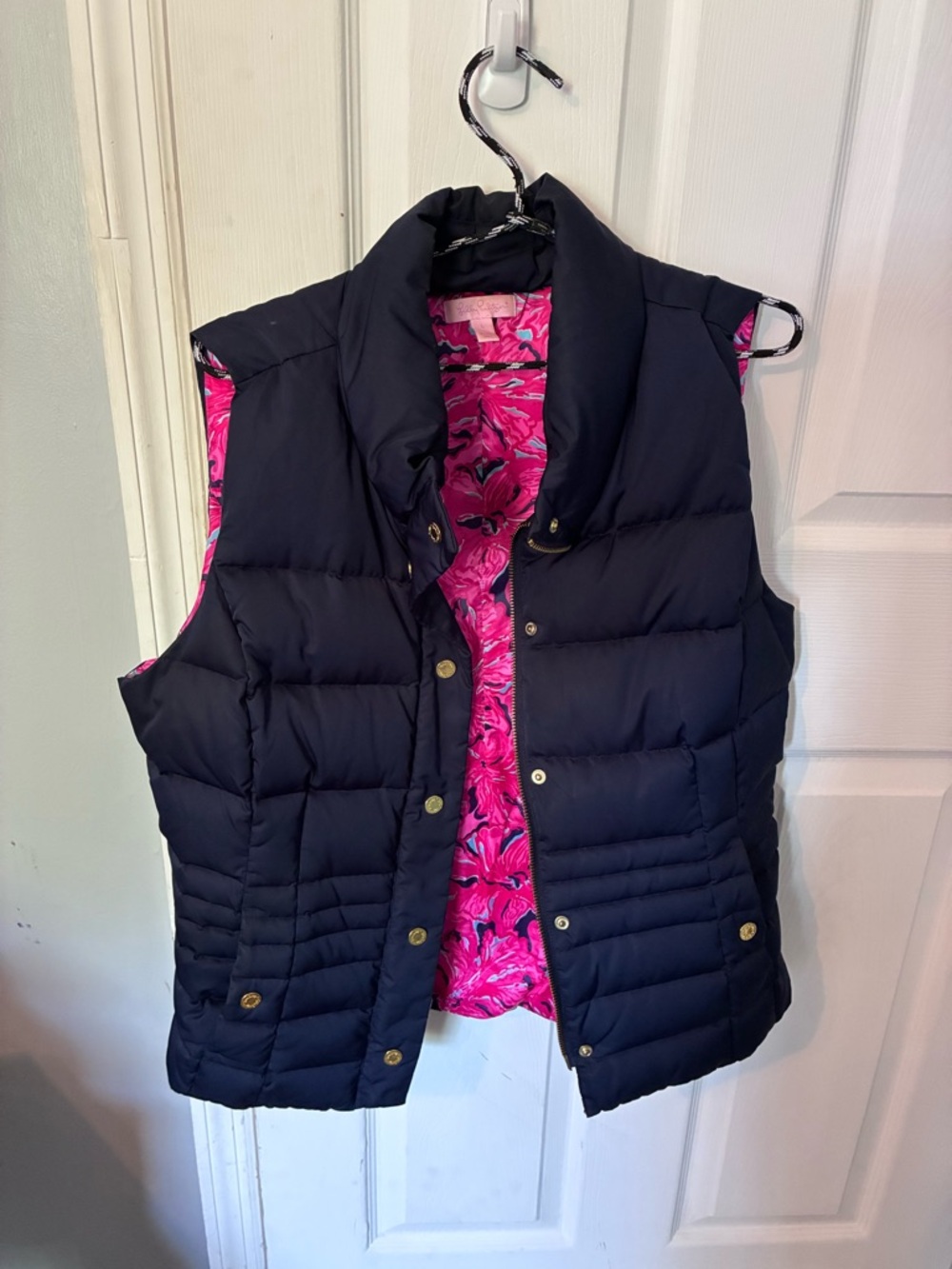 Lilly Pulitzer Navy Puffer Vest with Hot Pink Printed Lining